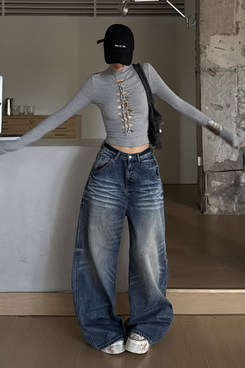 High Neck Ripped Design T-Shirt