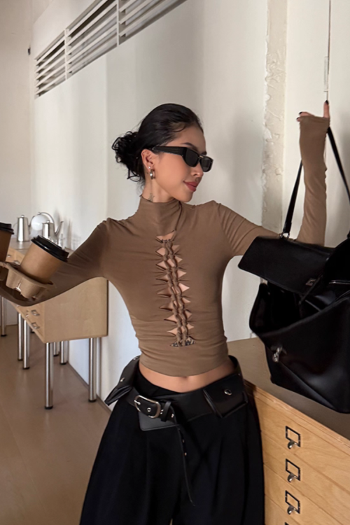 High Neck Ripped Design T-Shirt