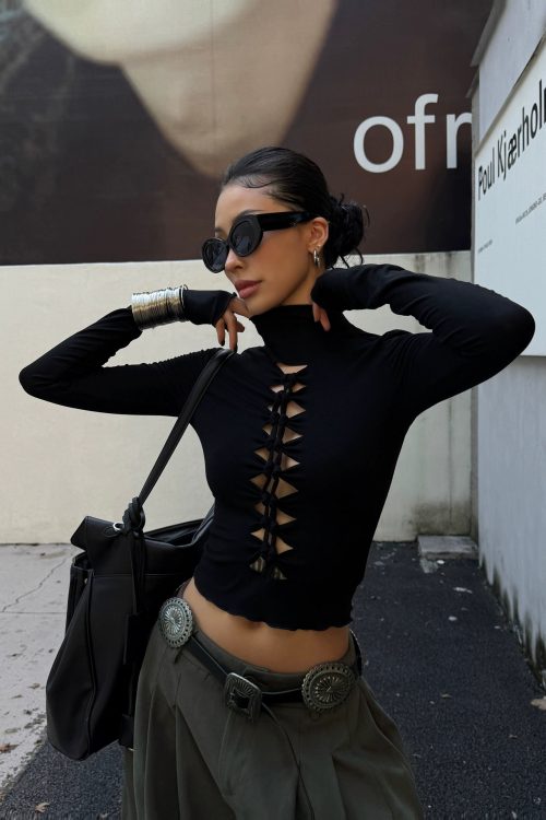 High Neck Ripped Design T-Shirt