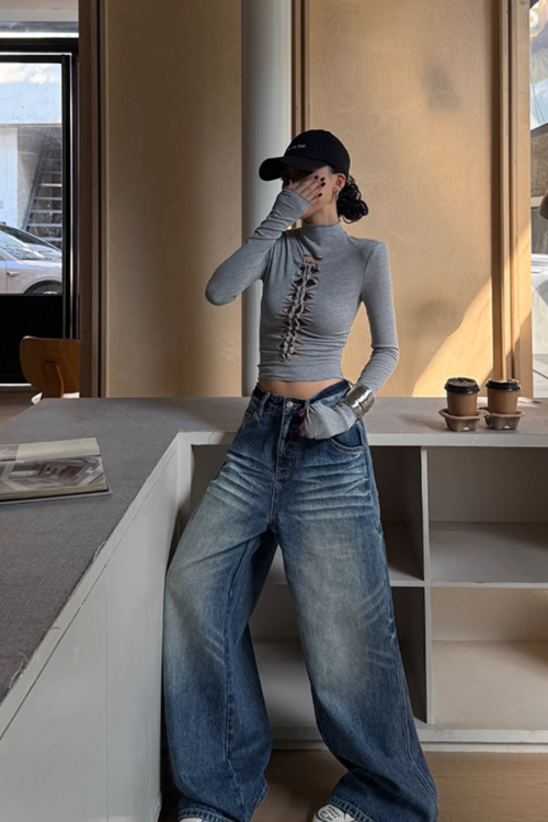 High Neck Ripped Design T-Shirt