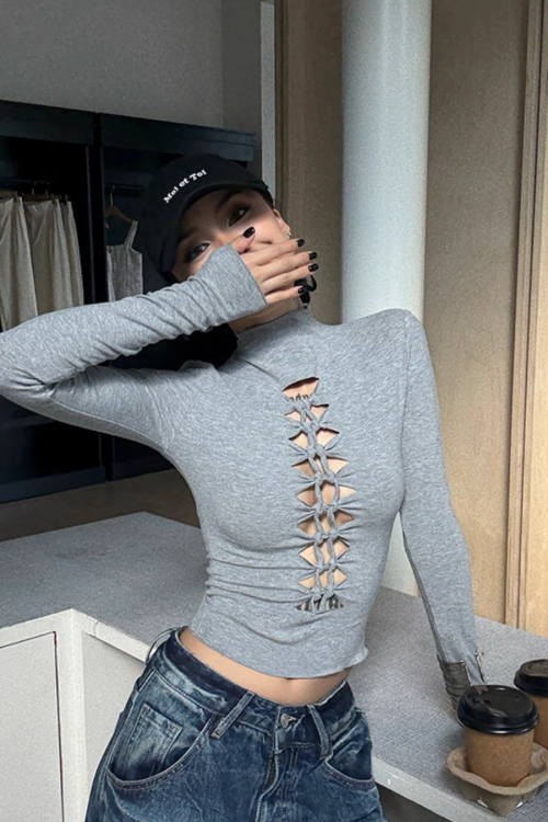 High Neck Ripped Design T-Shirt