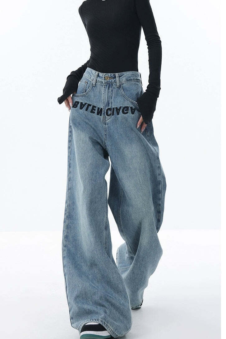 High Rise Embroidered Wide Leg Jeans