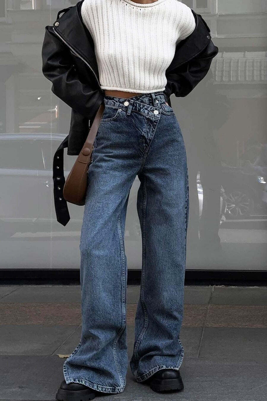 High Waist Asymmetrical Waist Split Straight Jeans