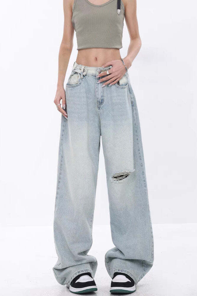 High Waist Draped Gradient Ripped Jeans High Waist Draped Gradient Ripped Jeans