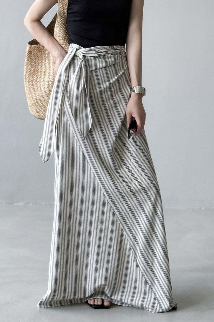 High Waist Striped Tie Waist A Line Maxi Skirt