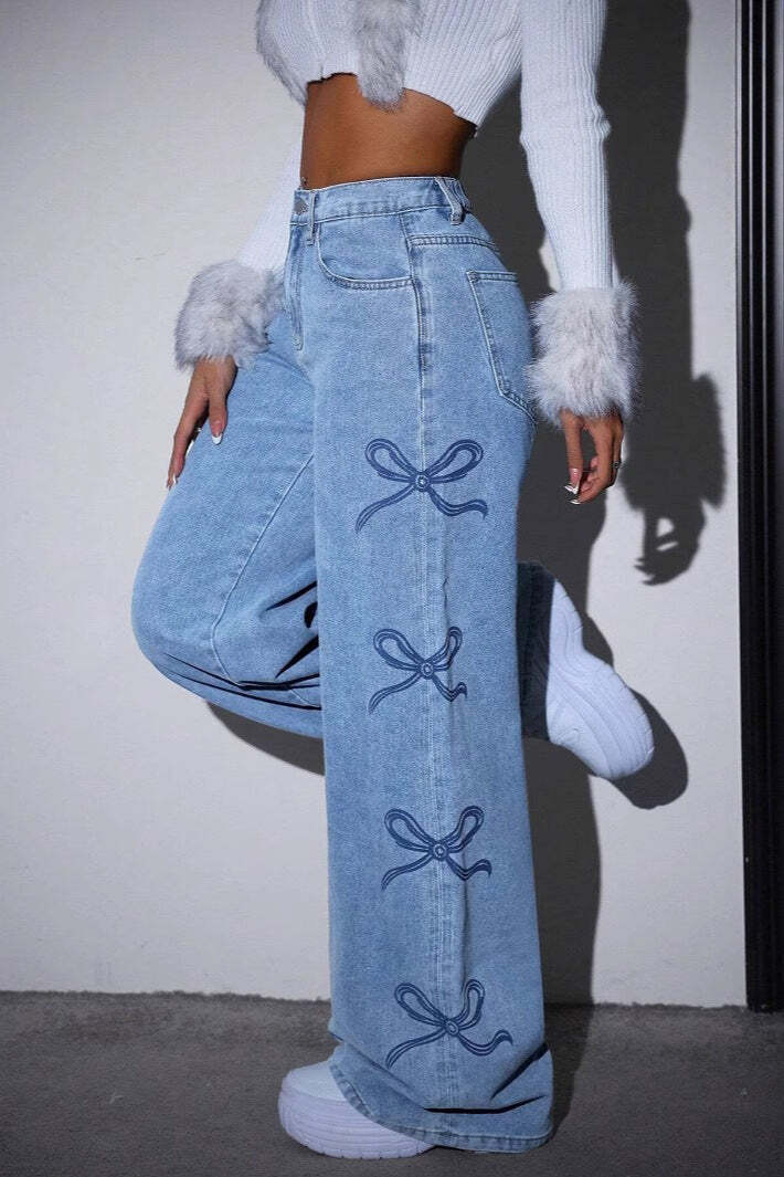 High Waist Washed Bow Tie Jeans High Waist Washed Bow Tie Jeans