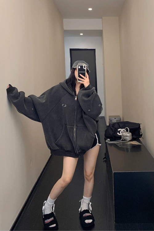 Hollow Out Zip Up Hoodie