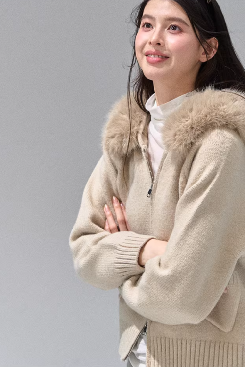 Hooded Fur Zip Knit Cardigan