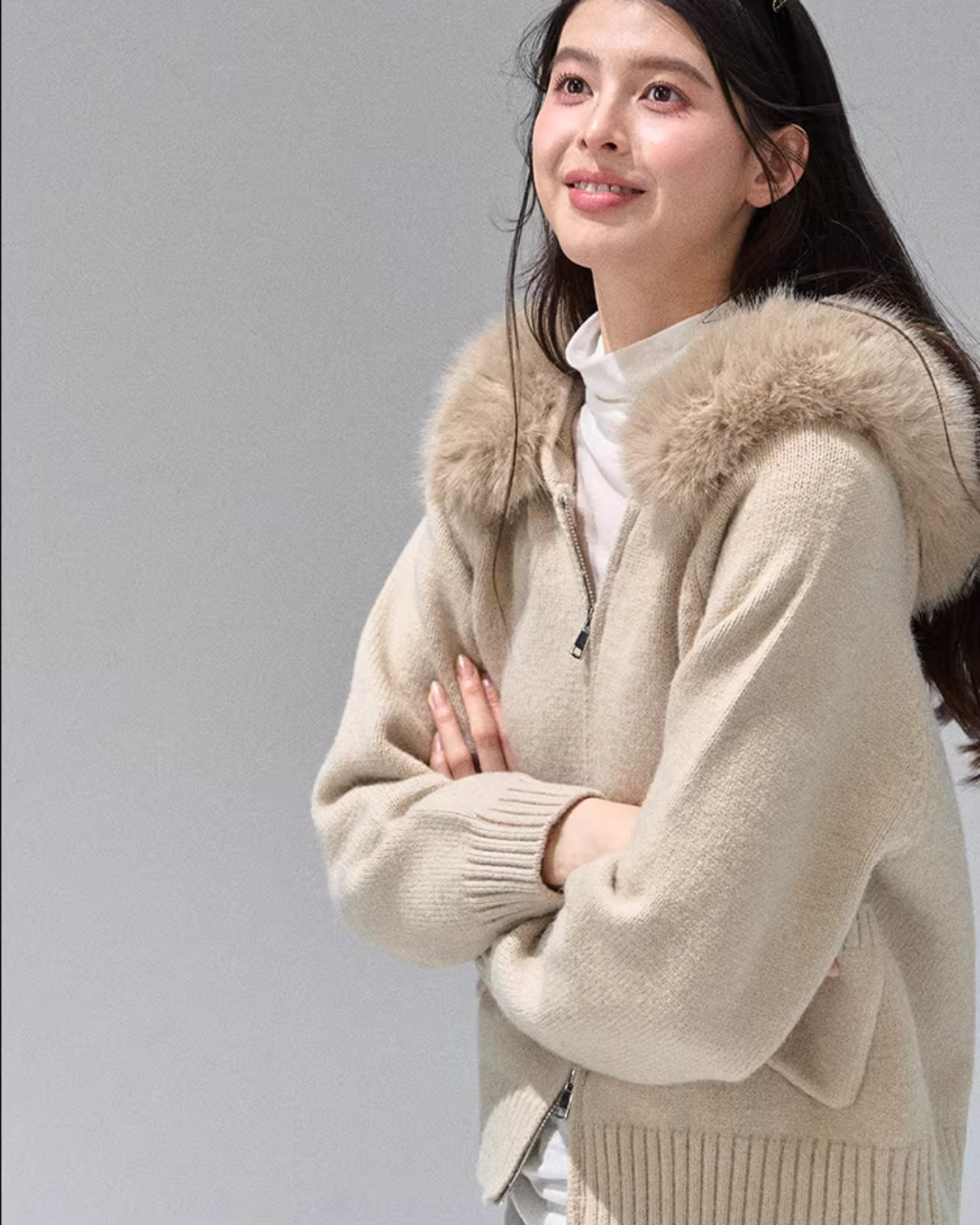 Hooded Fur Zip Knit Cardigan Hooded Fur Zip Knit Cardigan