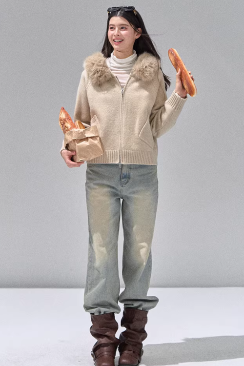 Hooded Fur Zip Knit Cardigan