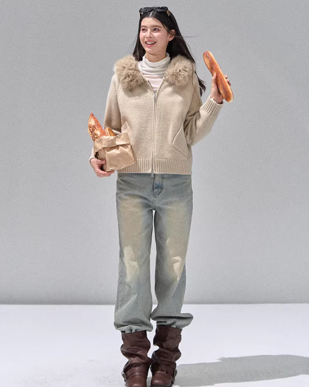 Hooded Fur Zip Knit Cardigan Hooded Fur Zip Knit Cardigan