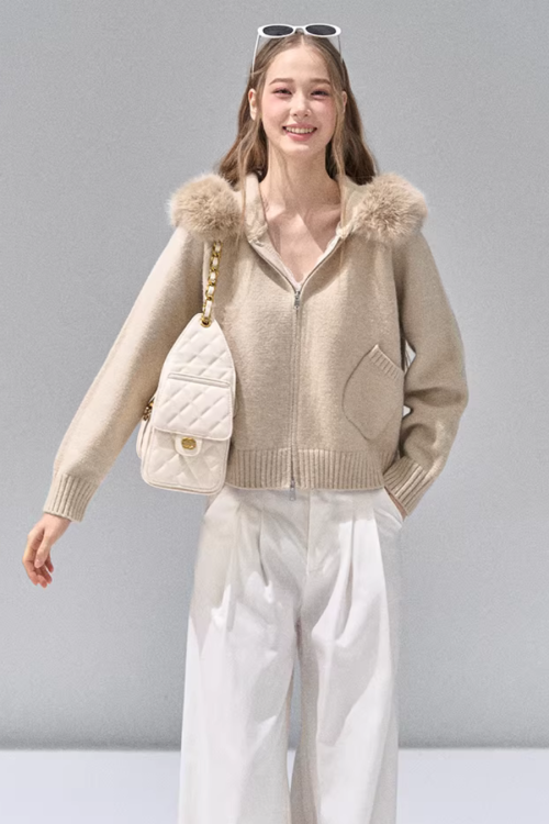 Hooded Fur Zip Knit Cardigan