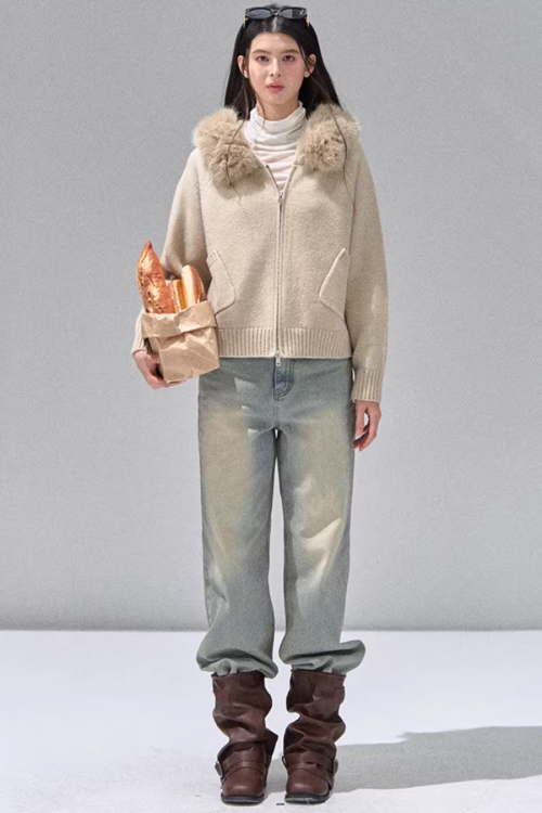 Hooded Fur Zip Knit Cardigan