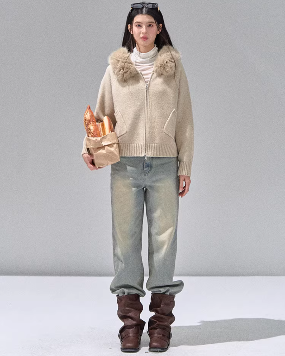 Hooded Fur Zip Knit Cardigan Hooded Fur Zip Knit Cardigan