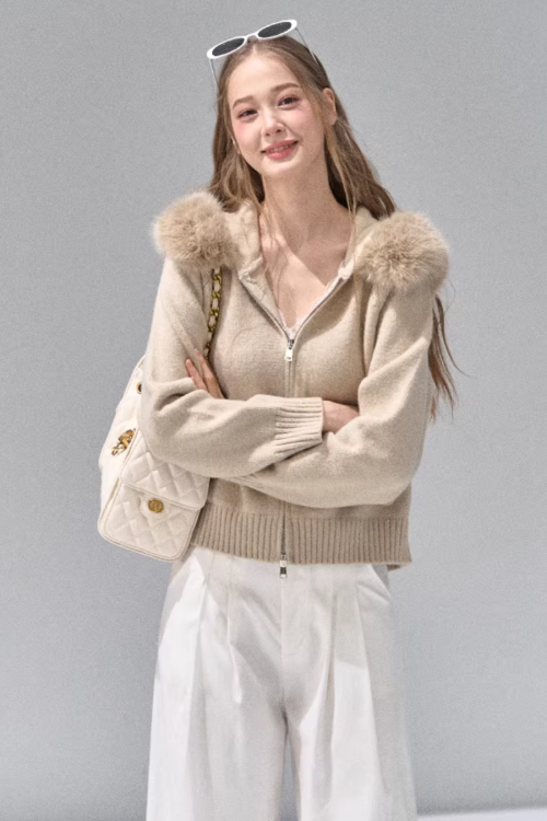 Hooded Fur Zip Knit Cardigan