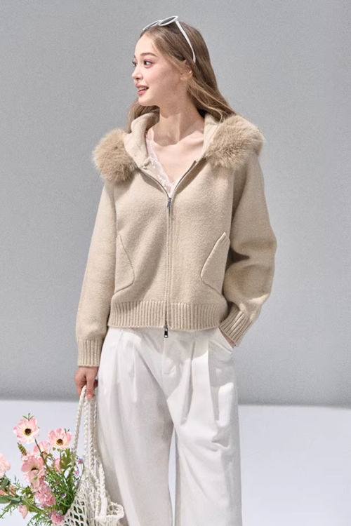 Hooded Fur Zip Knit Cardigan
