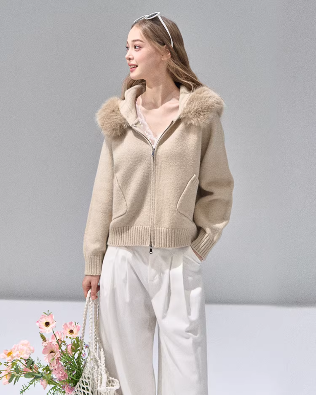 Hooded Fur Zip Knit Cardigan Hooded Fur Zip Knit Cardigan