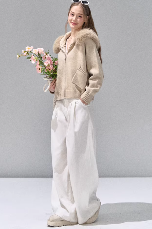 Hooded Fur Zip Knit Cardigan