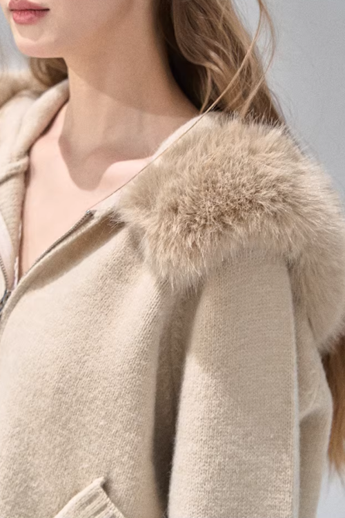 Hooded Fur Zip Knit Cardigan