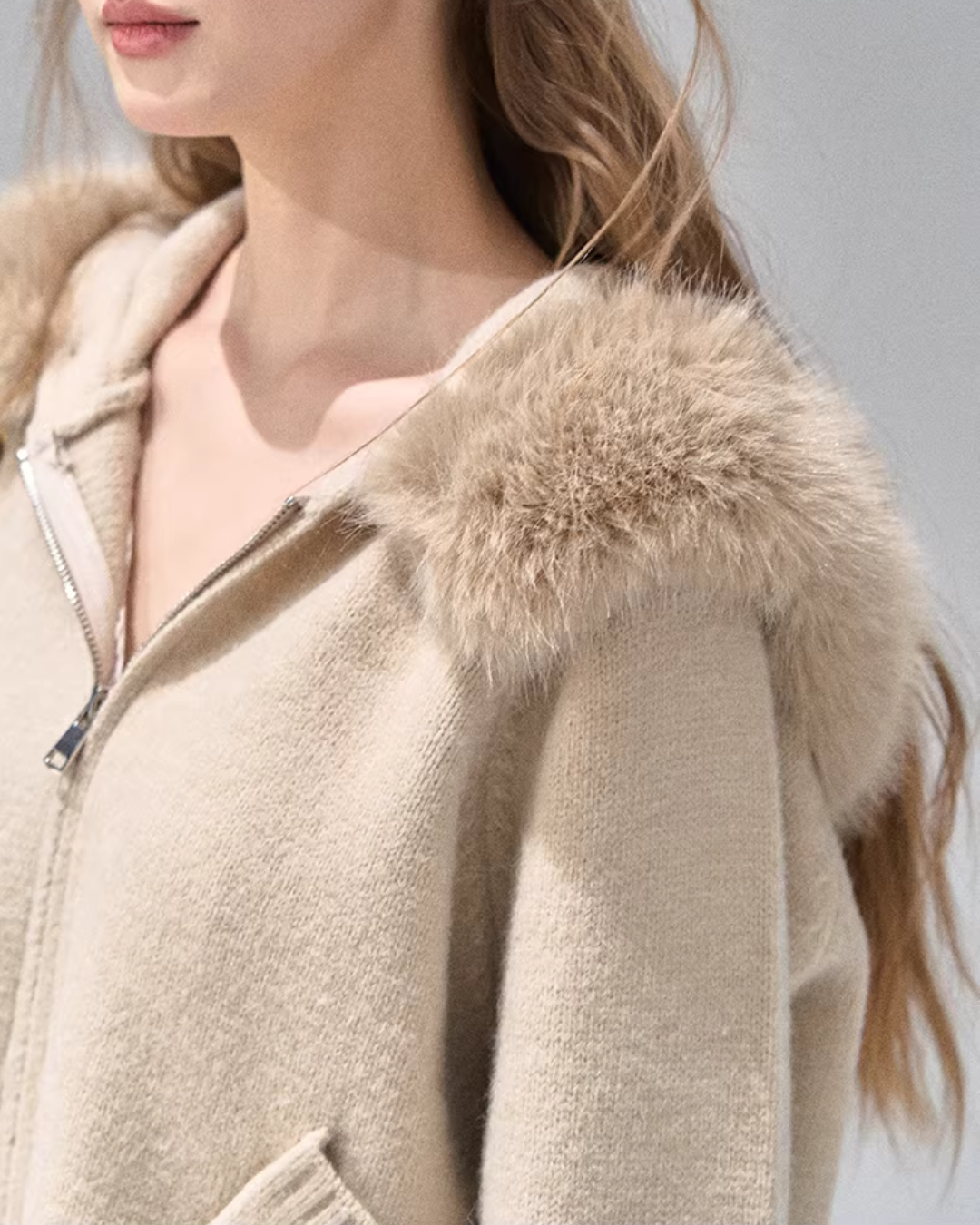 Hooded Fur Zip Knit Cardigan Hooded Fur Zip Knit Cardigan