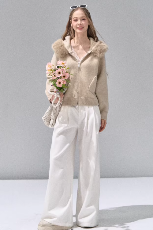 Hooded Fur Zip Knit Cardigan