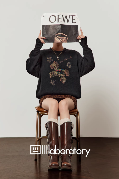 Horse Embroidered Knit Top / Leopard Mini Skirt