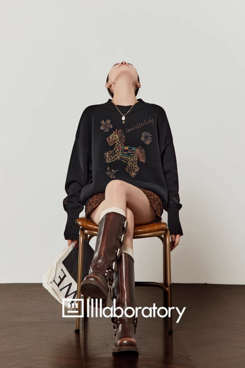 Horse Embroidered Knit Top / Leopard Mini Skirt