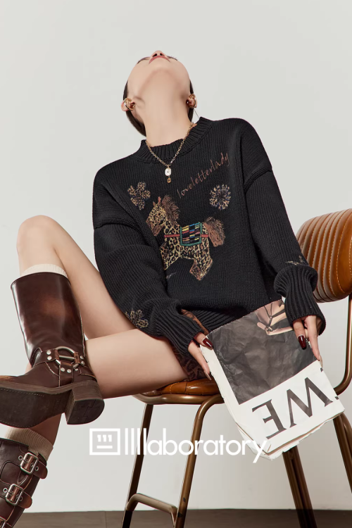 Horse Embroidered Knit Top / Leopard Mini Skirt