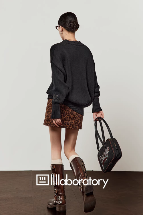 Horse Embroidered Knit Top / Leopard Mini Skirt