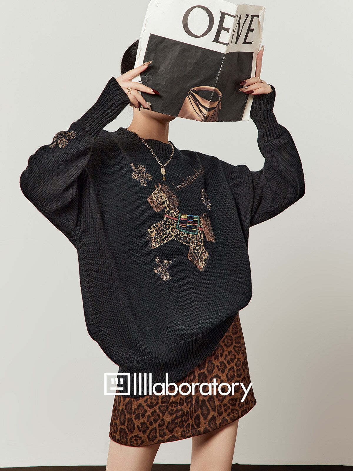 Horse Embroidered Knit Top / Leopard Mini Skirt