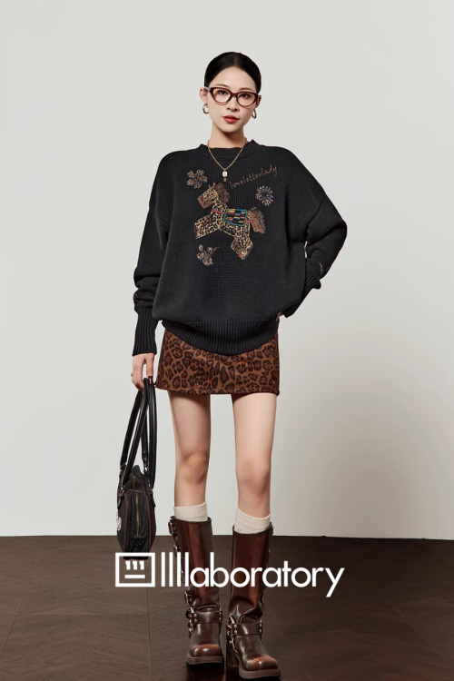 Horse Embroidered Knit Top / Leopard Mini Skirt