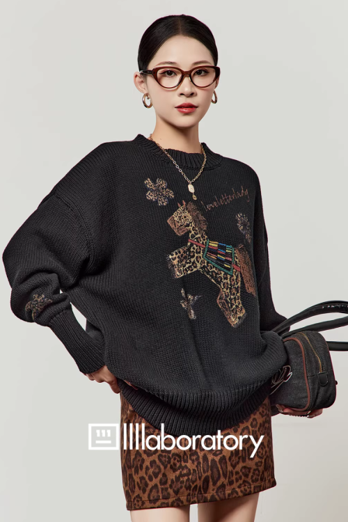 Horse Embroidered Knit Top / Leopard Mini Skirt