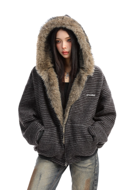 Inner Fur Thin Stripe Zip Hoodie