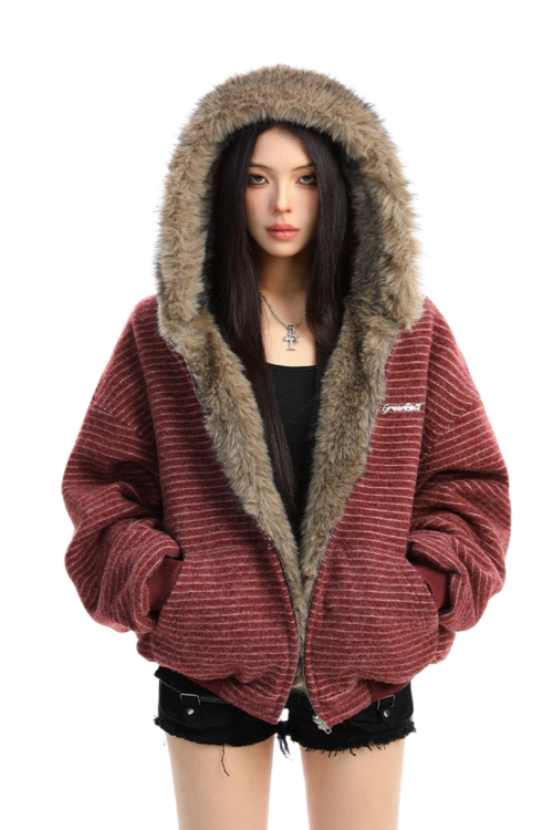 Inner Fur Thin Stripe Zip Hoodie