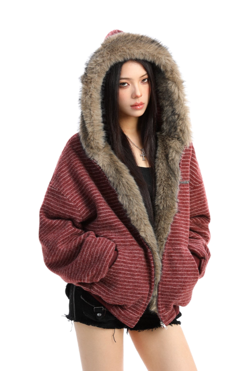 Inner Fur Thin Stripe Zip Hoodie