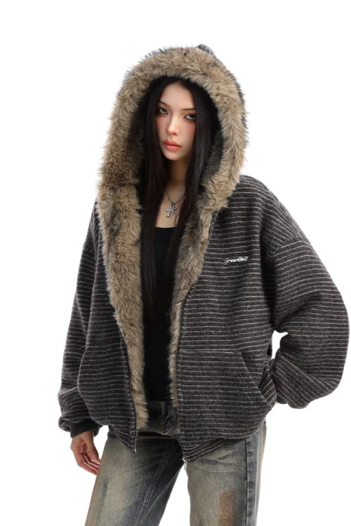 Inner Fur Thin Stripe Zip Hoodie