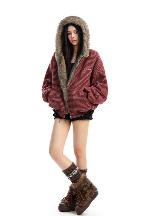 Inner Fur Thin Stripe Zip Hoodie