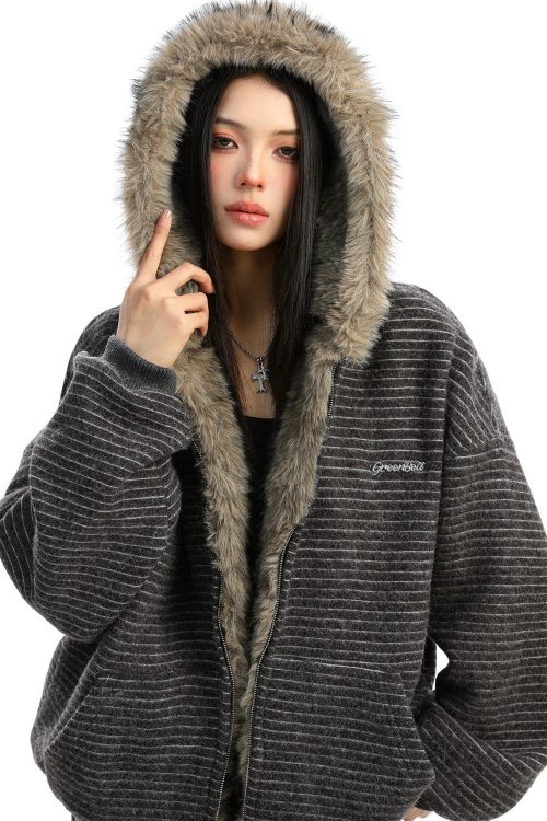 Inner Fur Thin Stripe Zip Hoodie