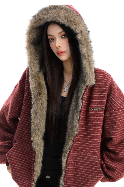 Inner Fur Thin Stripe Zip Hoodie