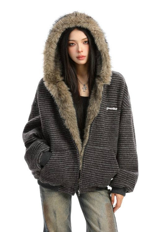 Inner Fur Thin Stripe Zip Hoodie
