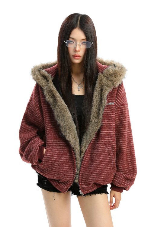Inner Fur Thin Stripe Zip Hoodie