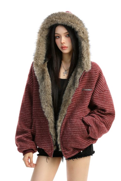 Inner Fur Thin Stripe Zip Hoodie