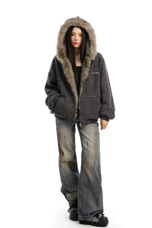 Inner Fur Thin Stripe Zip Hoodie