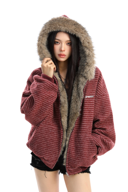 Inner Fur Thin Stripe Zip Hoodie