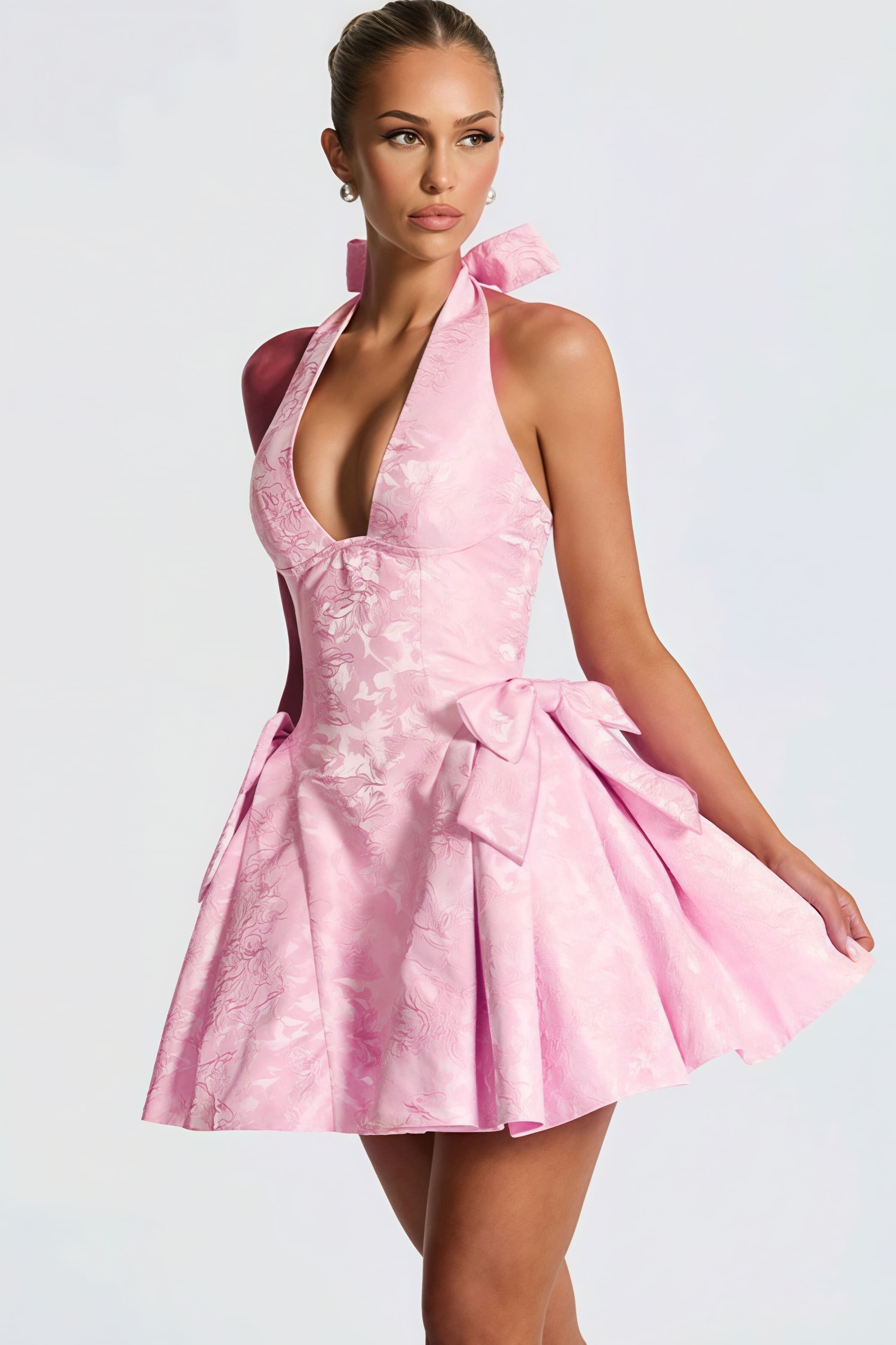 Jacquard Halter V Neck Bow Mini Dress Jacquard Halter V Neck Bow Mini Dress