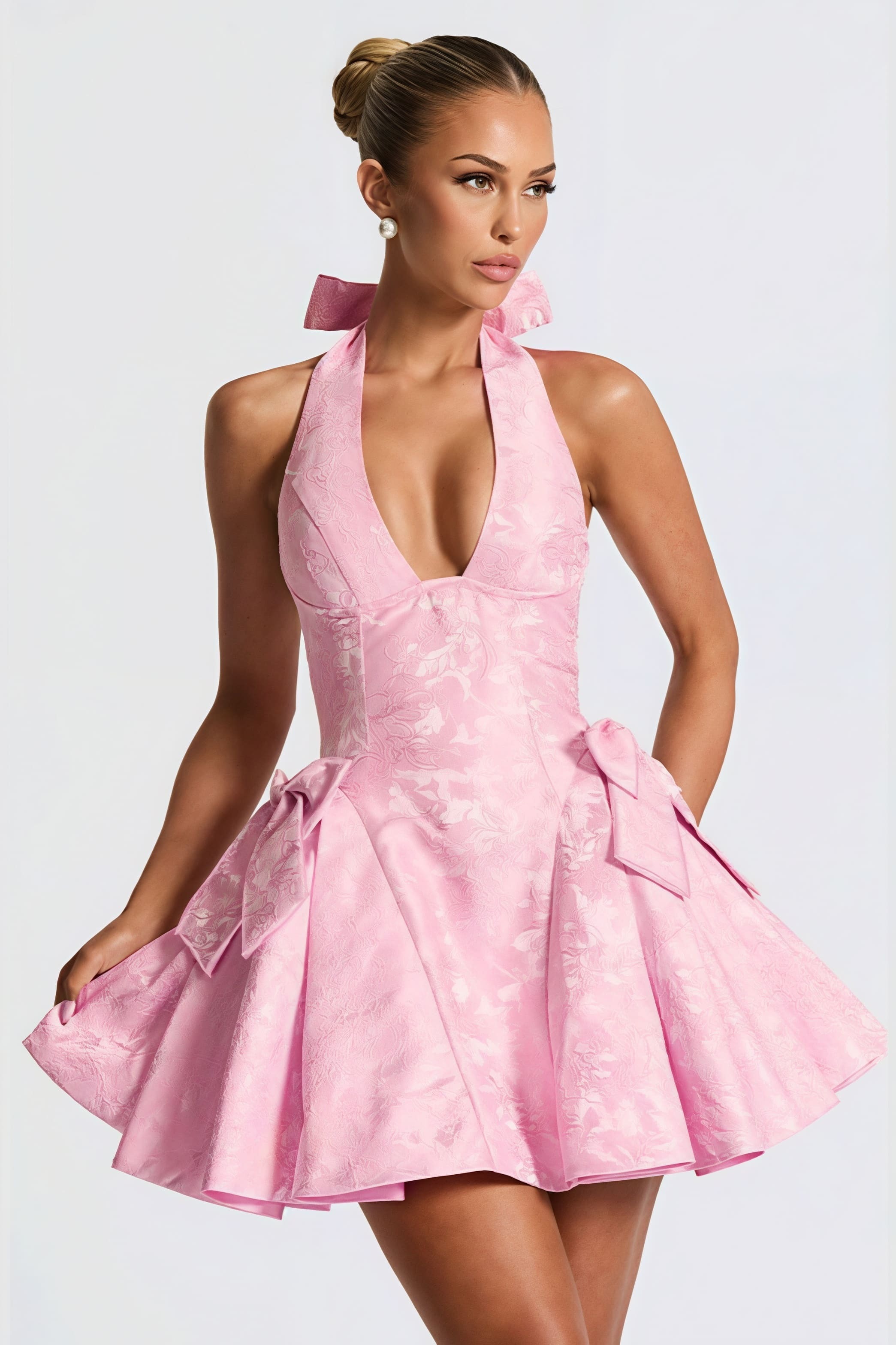 Jacquard Halter V Neck Bow Mini Dress Jacquard Halter V Neck Bow Mini Dress