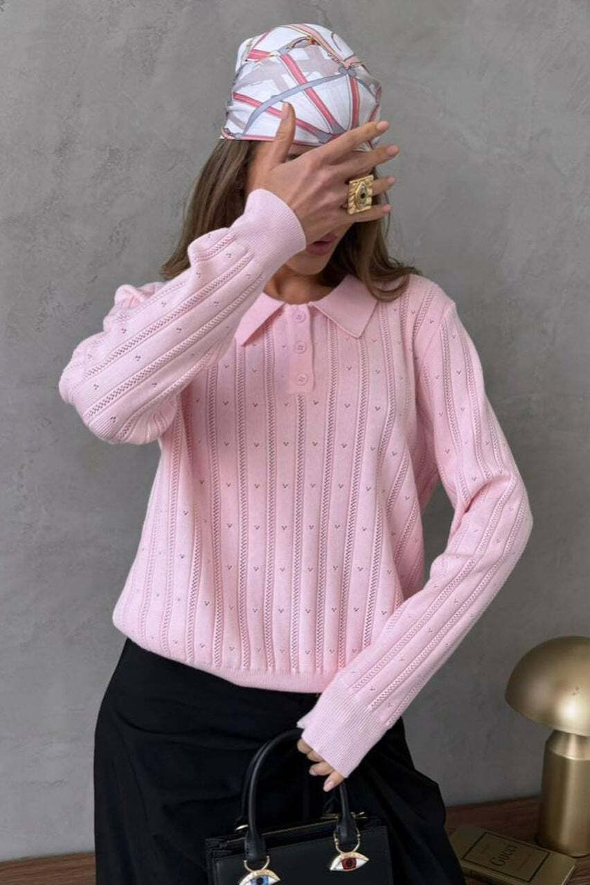 Jacquard Polo Collar Long Sleeve Loose Blouse