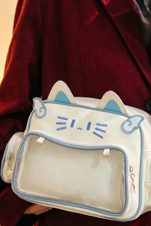 Kawaii Cat Convertible Ita Bag with Clear Window and Included Insert for Plushies and Pins