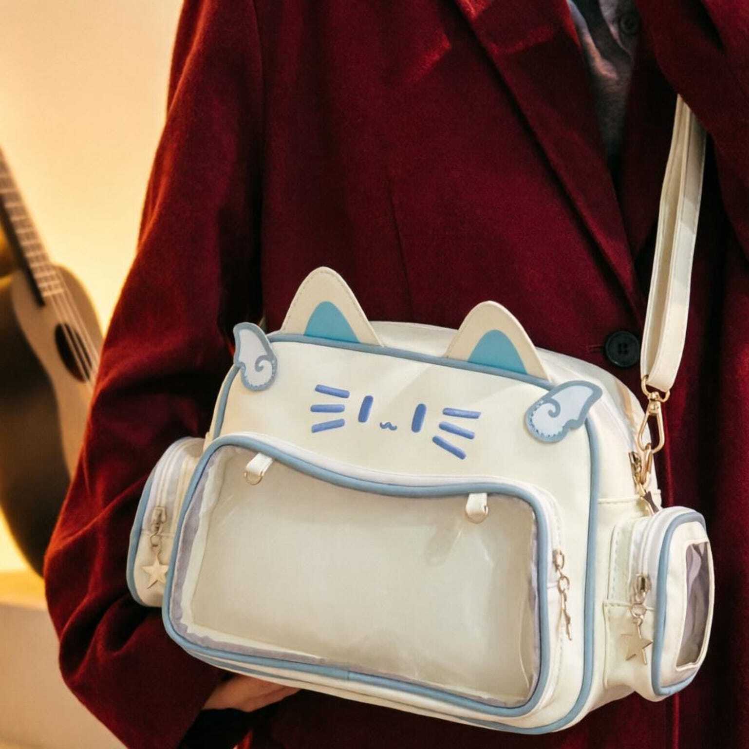 Kawaii Cat Convertible Ita Bag with Clear Window and Included Insert for Plushies and Pins Kawaii Cat Convertible Ita Bag with Clear Window and Included Insert for Plushies and Pins