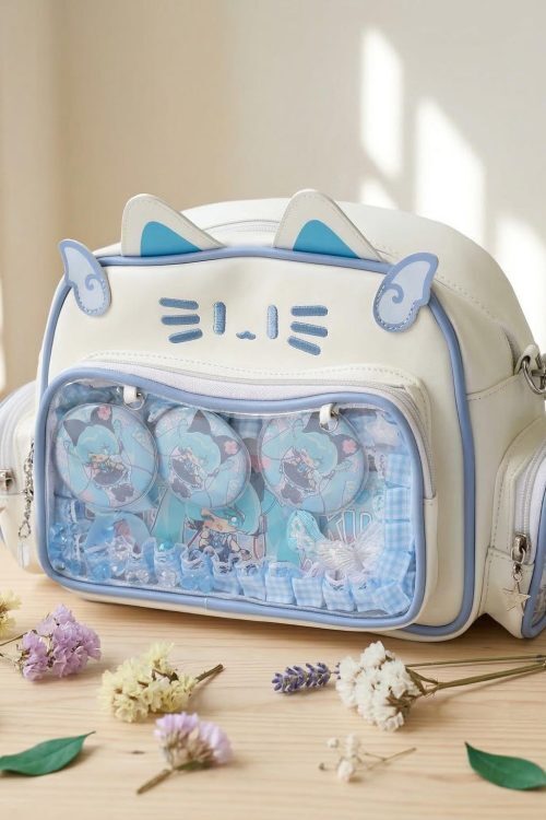 Kawaii Cat Convertible Ita Bag with Clear Window and Included Insert for Plushies and Pins